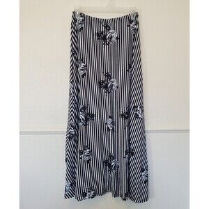 JM Fleurette Skirt Striped Floral Long Elastic Waist Black and White 24 X 34.5"
